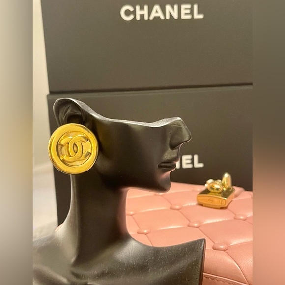 SOLD Chanel Logo Clip On Statement Earrings - Picture 2 of 8